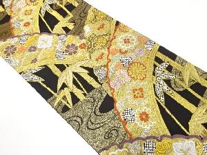 久保坂製　雪芝に竹笹・草花模様織り出し　振袖用袋帯